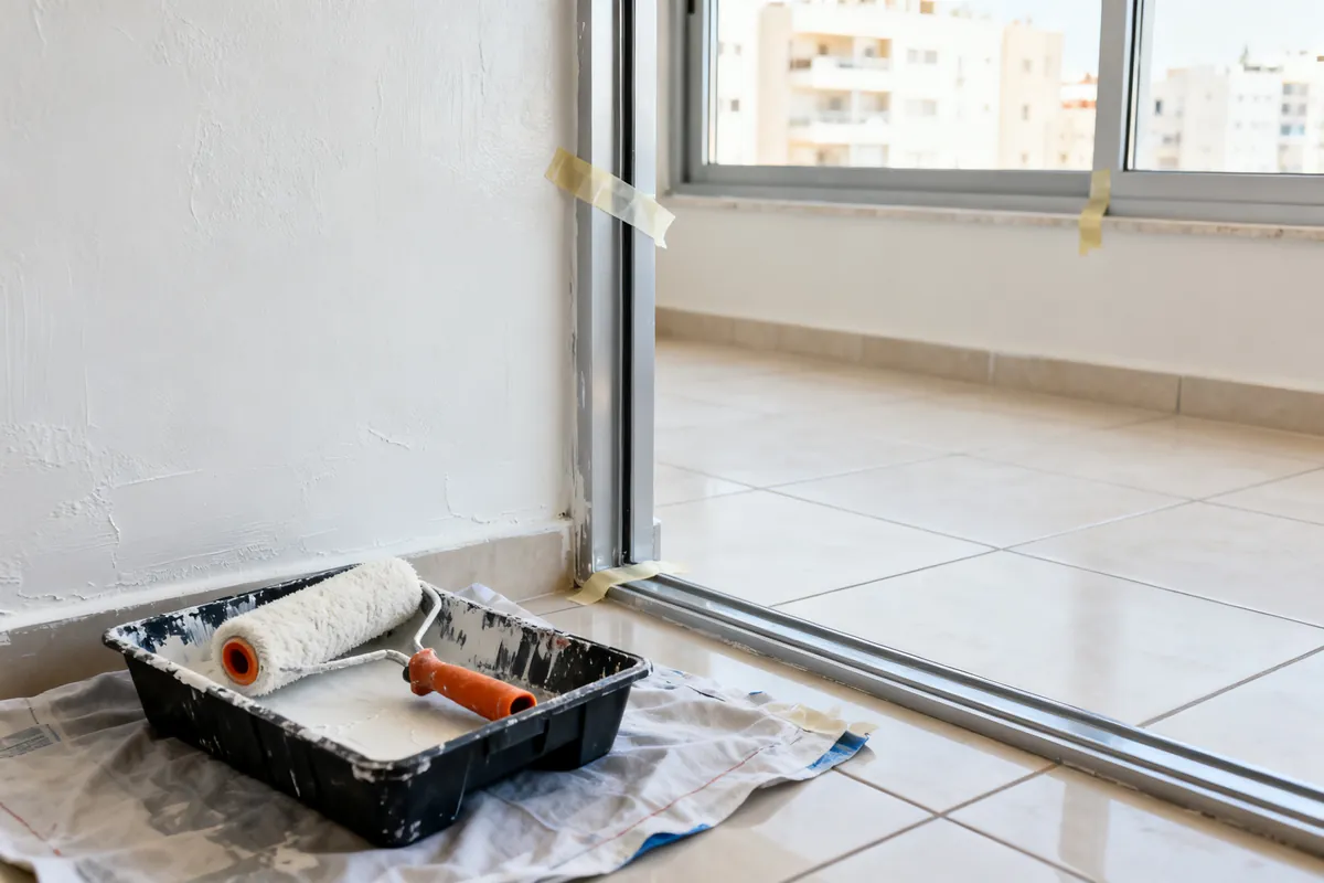 קיר צבוע טרי עם רולר ומגש צבע